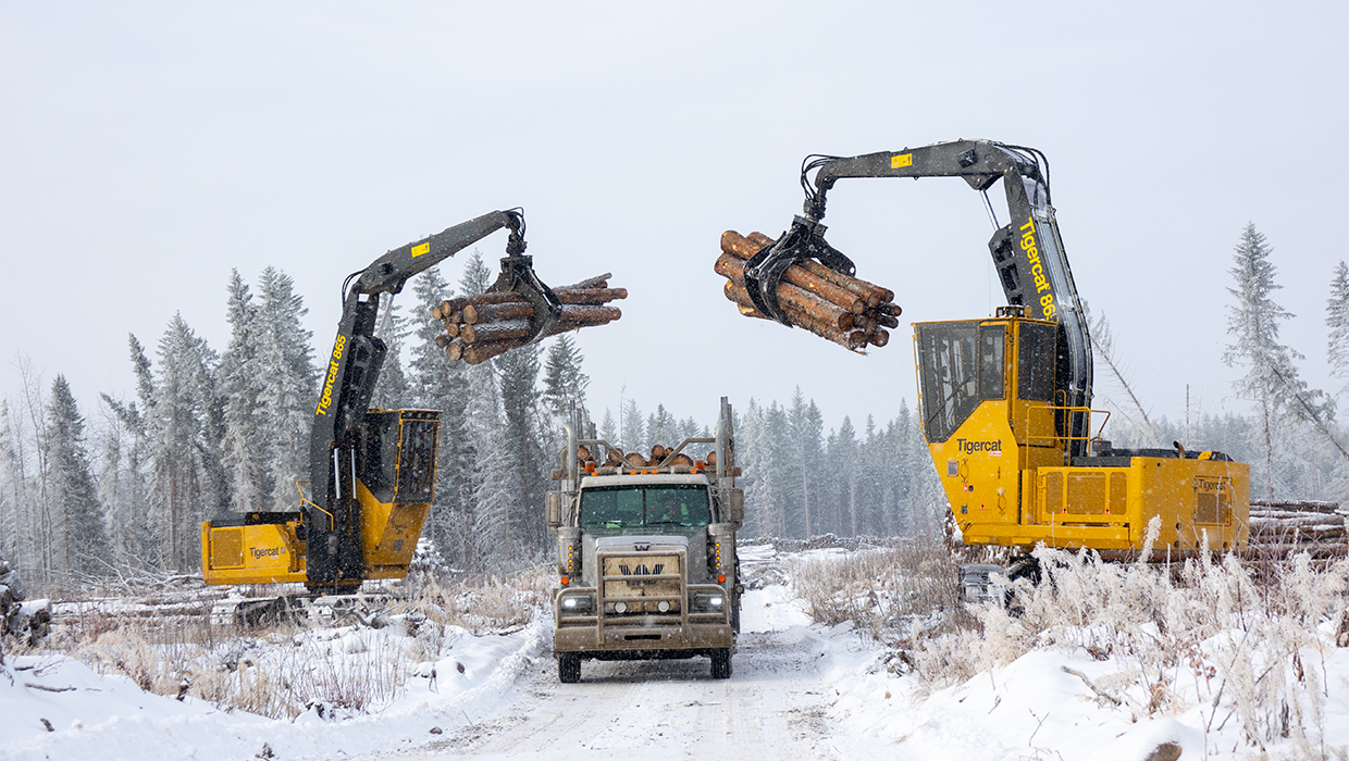 A pair of Tigercat 865 loggers loading trucks